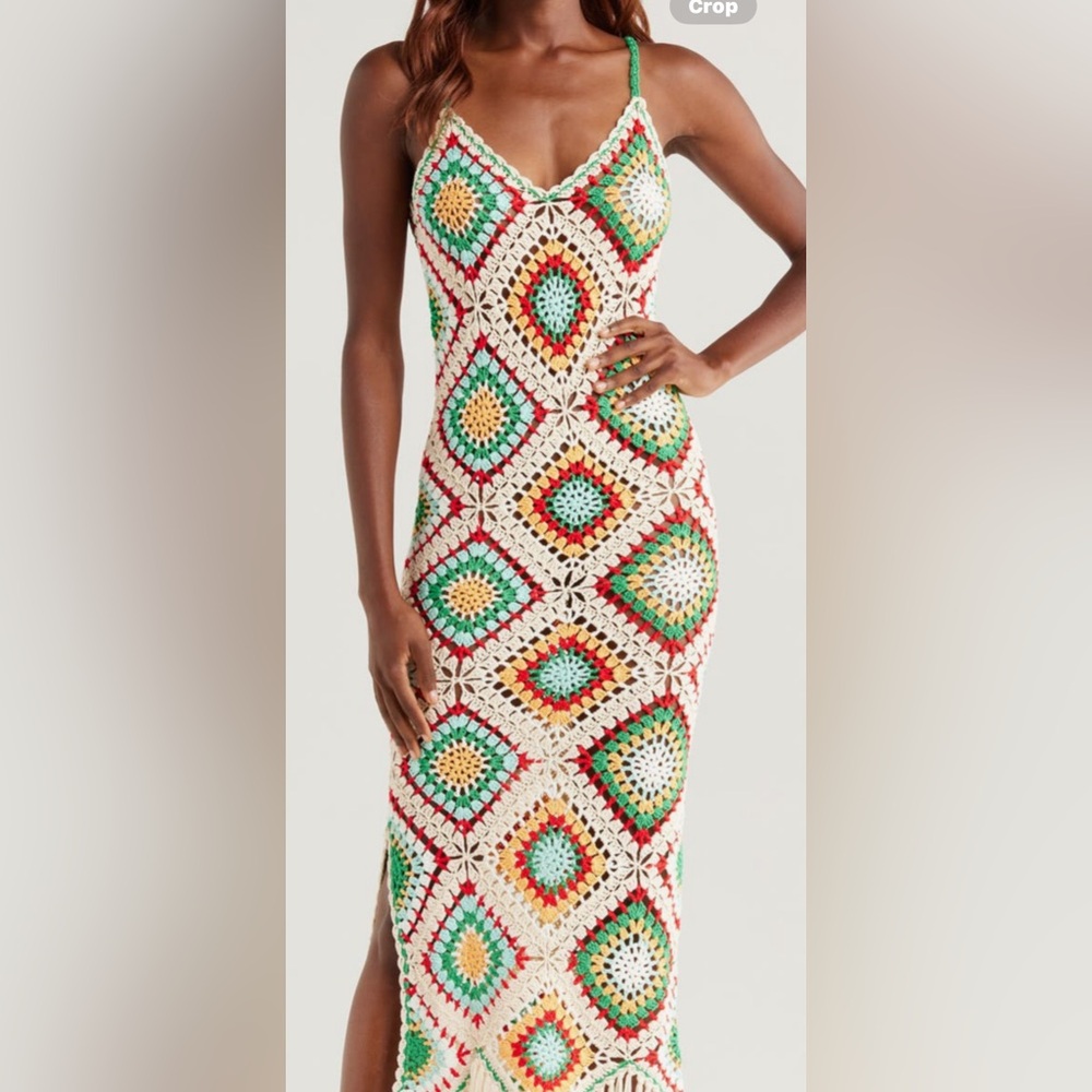 Crochet Midi Dress in Cream with Multicolor Diamond Motifs